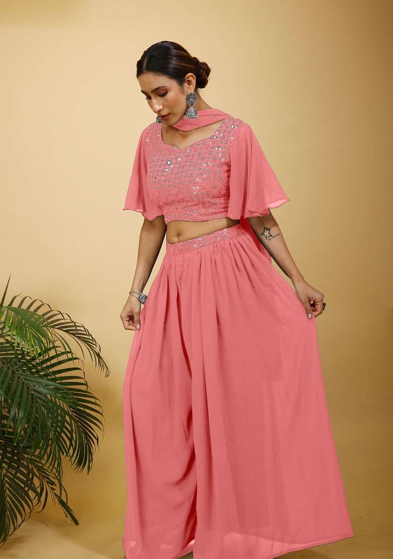 Peach Printed Poly Blend Co Ord Set - Indya