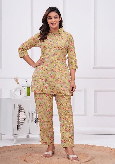 Brown Printed Cotton Co Ord Set