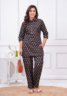 Black Printed Cotton Co Ord Set