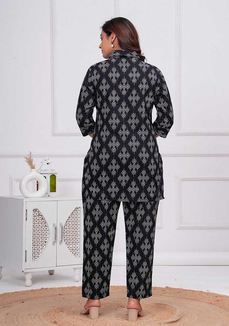 Black Printed Cotton Co Ord Set - Indya