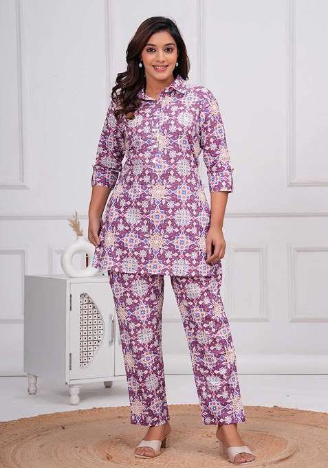 Purple Printed Cotton Co Ord Set