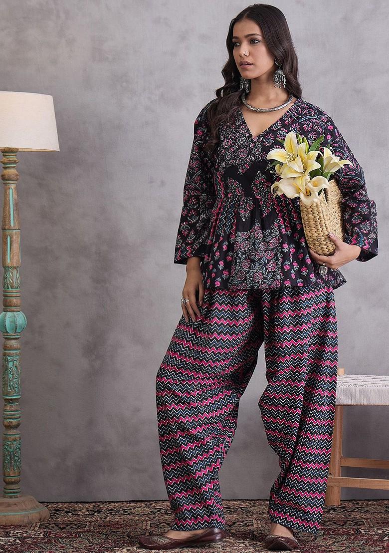 Black Printed Cotton Co Ord Set - Indya