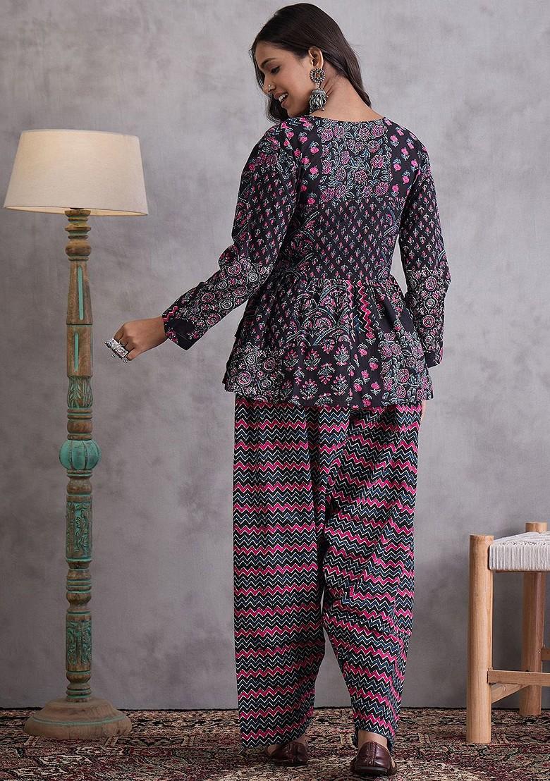 Black Printed Cotton Co Ord Set - Indya