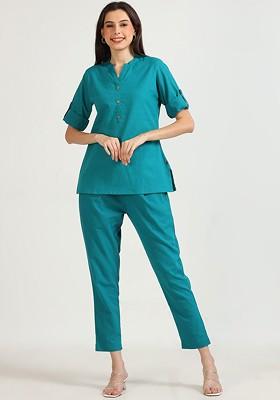Teal Blue Printed Cotton Co Ord Set