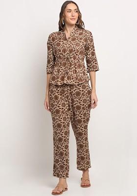 Brown Printed Poly Blend Co Ord Set