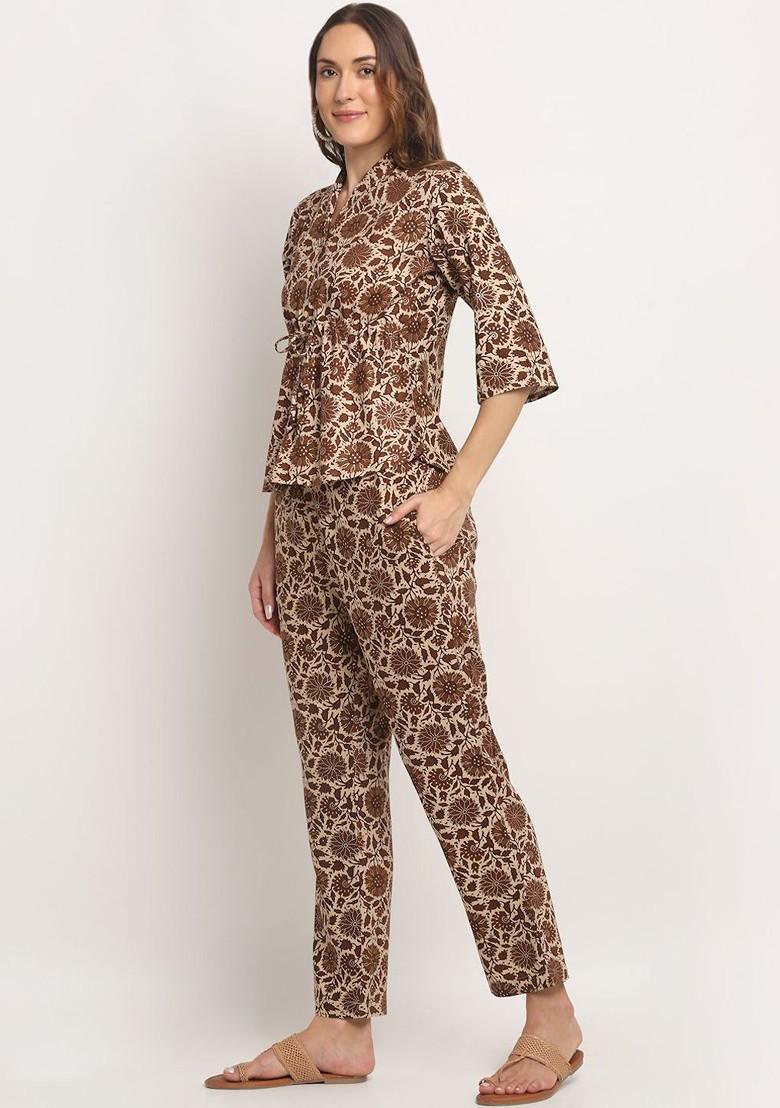 Brown Printed Poly Blend Co Ord Set - Indya