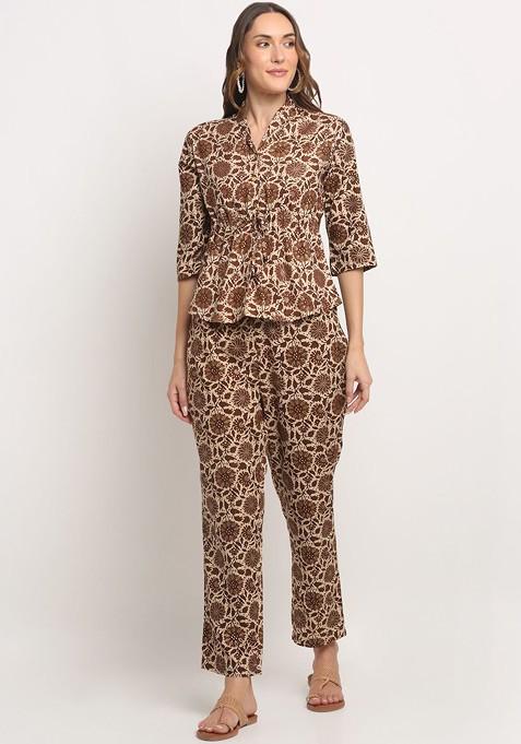 Brown Printed Poly Blend Co Ord Set