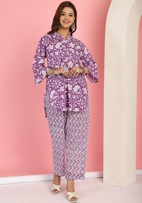 Purple Printed Cotton Co Ord Set
