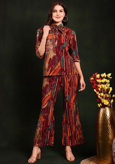 Burgundy Printed Poly Blend Co Ord Set