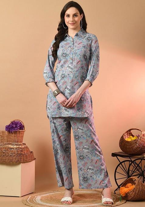 Grey Printed Cotton Co Ord Set