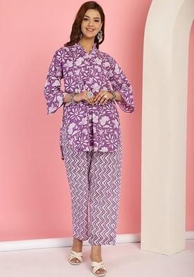 Purple Printed Cotton Co Ord Set