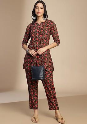 Navy Blue Printed Poly Blend Co Ord Set