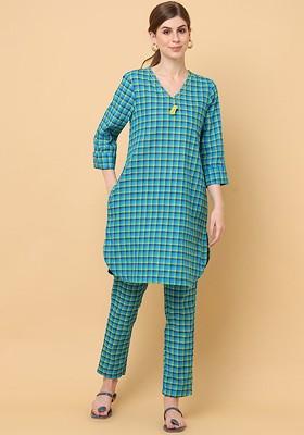 Teal Blue Printed Cotton Co Ord Set