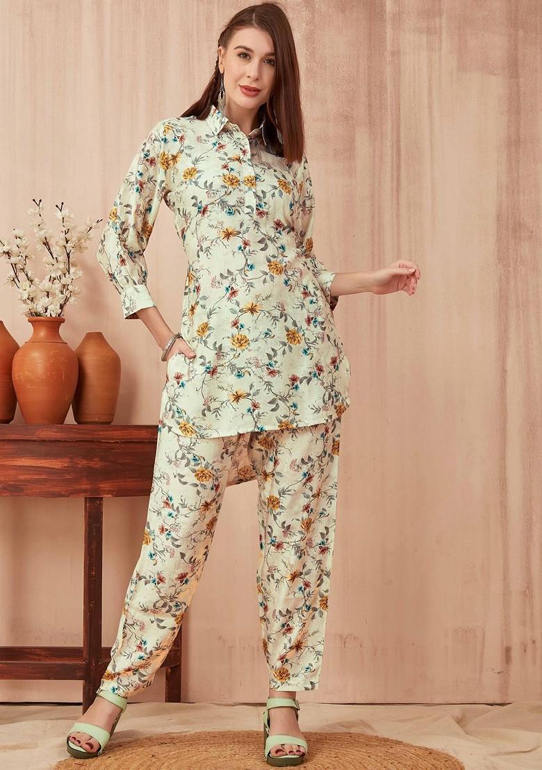 Cream Printed Poly Blend Co Ord Set - Indya