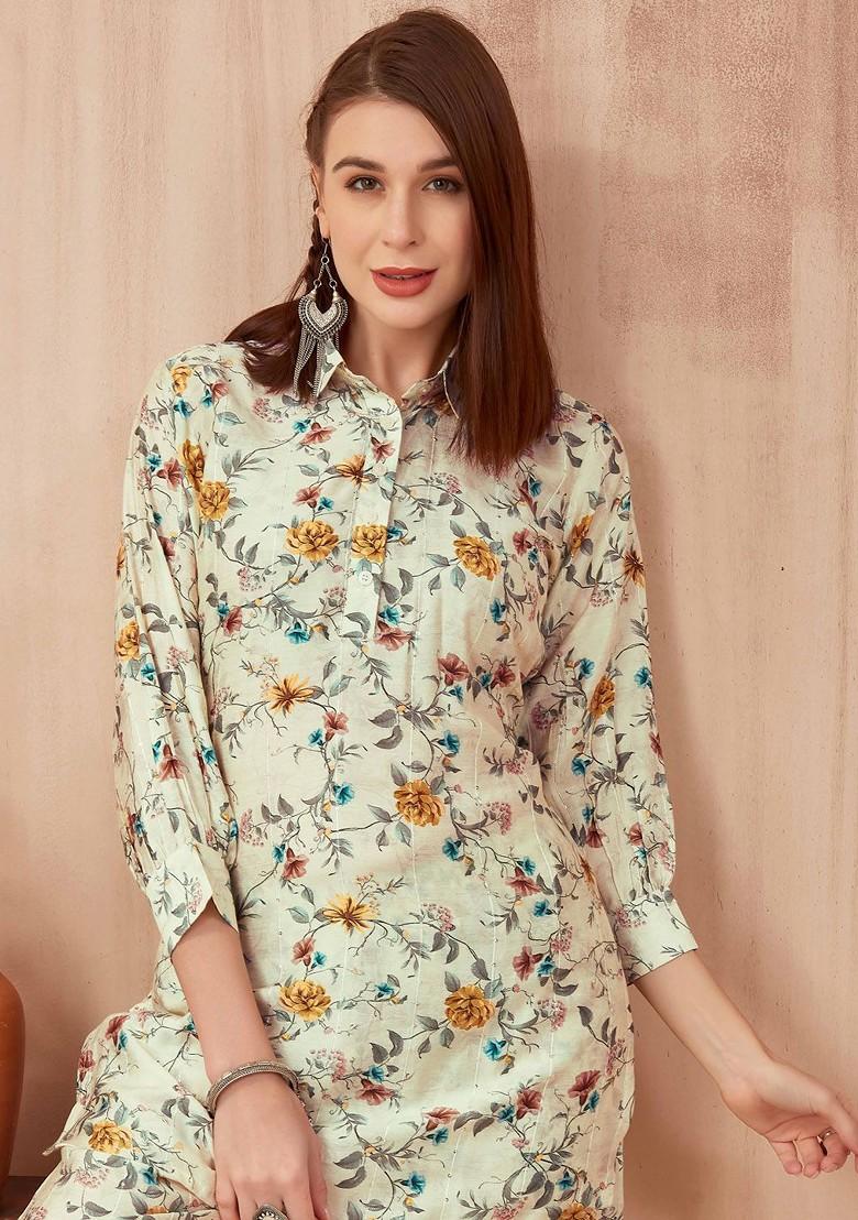 Cream Printed Poly Blend Co Ord Set - Indya