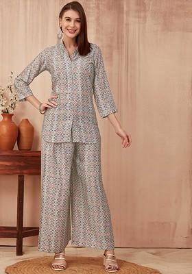 Sea Green Printed Poly Blend Co Ord Set