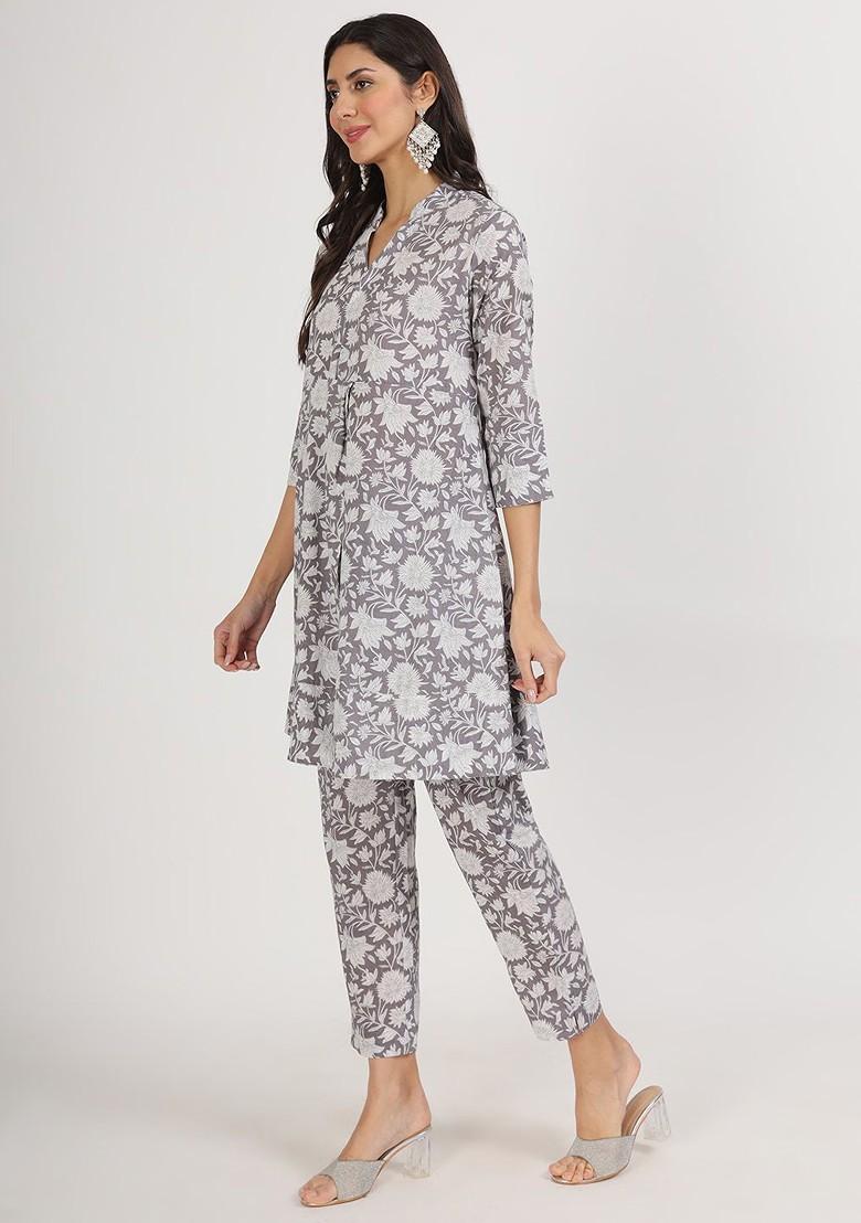 Grey Printed Cotton Co Ord Set - Indya
