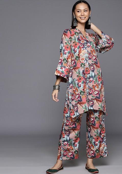 Peach Printed Poly Blend Co Ord Set