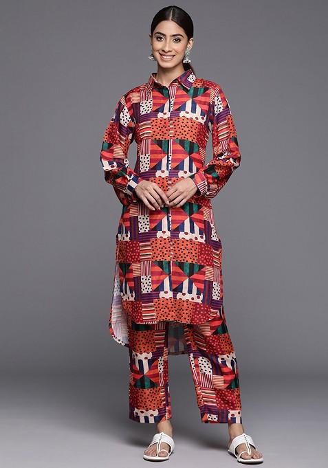 Red Printed Poly Blend Co Ord Set