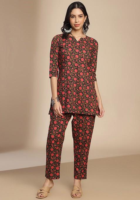 Navy Blue Printed Poly Blend Co Ord Set