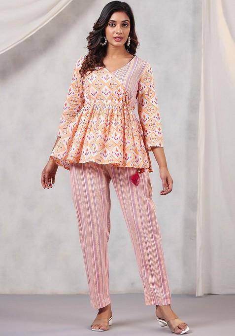 Peach Printed Cotton Co Ord Set