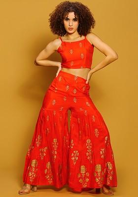 Red Printed Poly Blend Co Ord Set