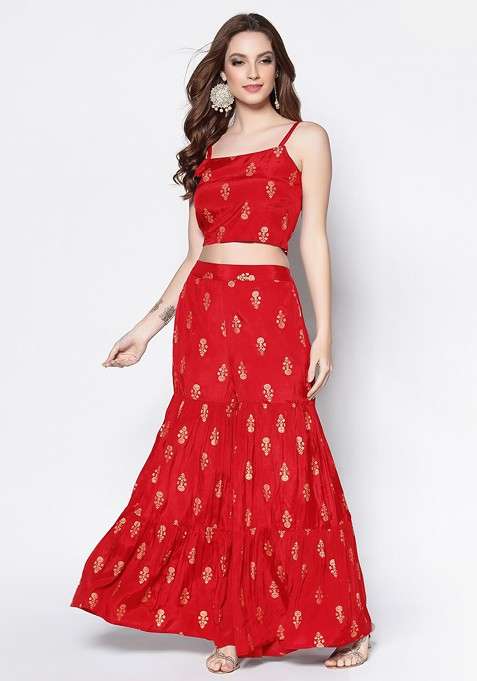 Red Printed Poly Blend Co Ord Set