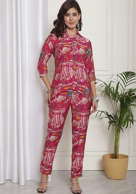 Pink Printed Poly Blend Co Ord Set