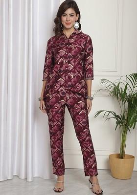 Purple Printed Poly Blend Co Ord Set
