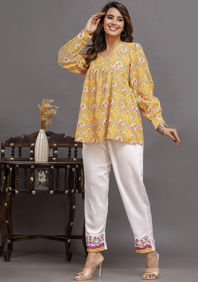 Mustard Yellow Printed Cotton Co Ord Set - Indya