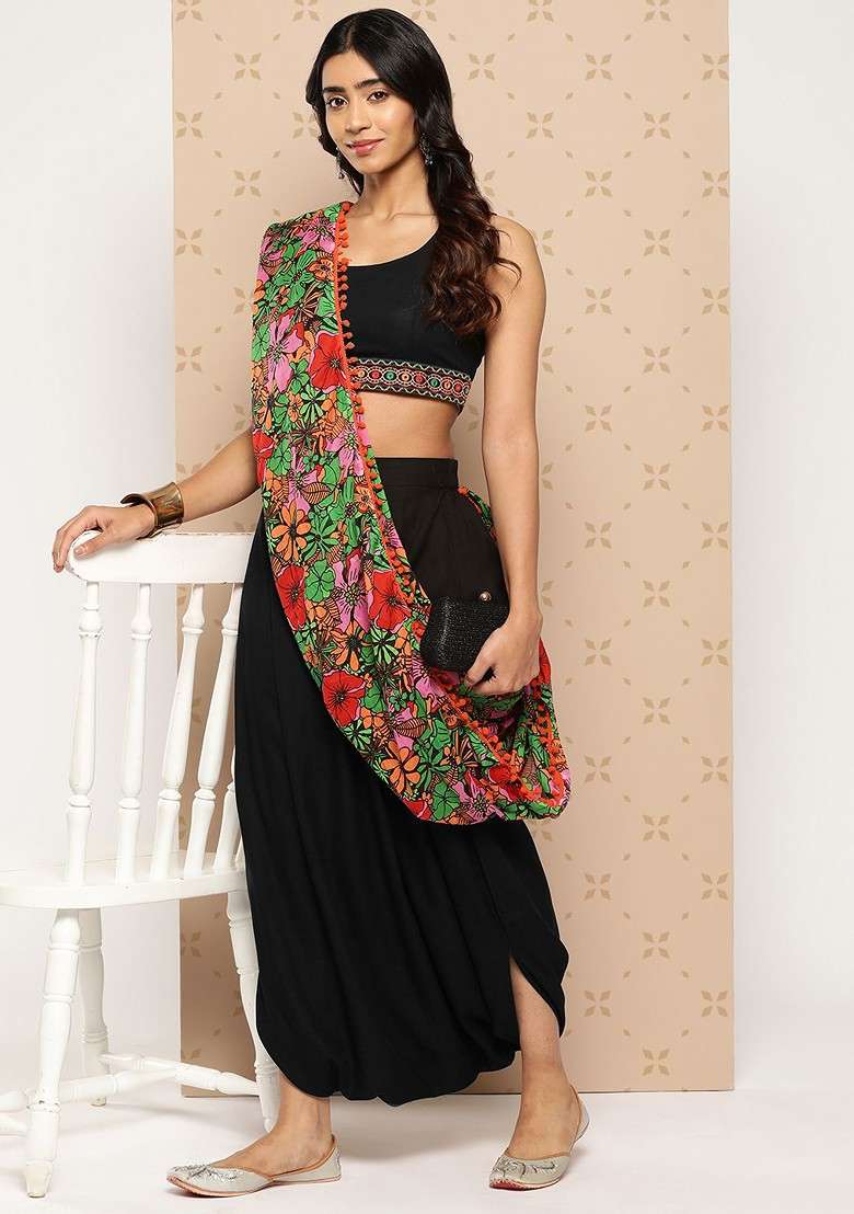 Black Printed Poly Blend Co Ord Set - Indya