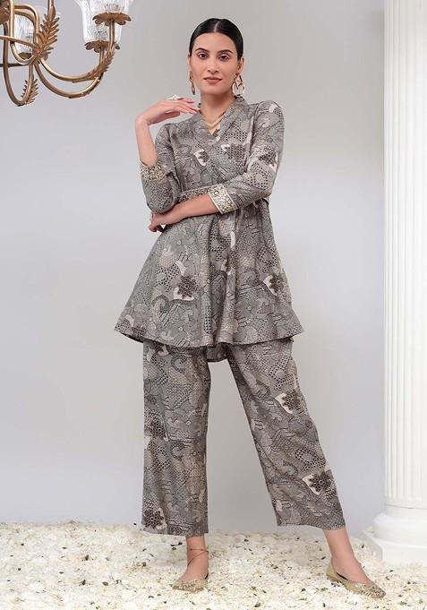 Grey Printed Poly Blend Co Ord Set