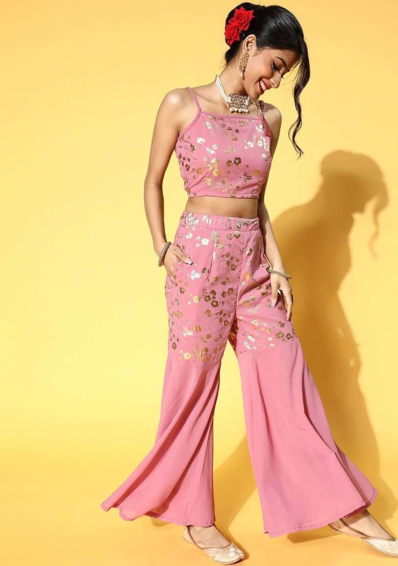 Pink Printed Poly Blend Co Ord Set - Indya