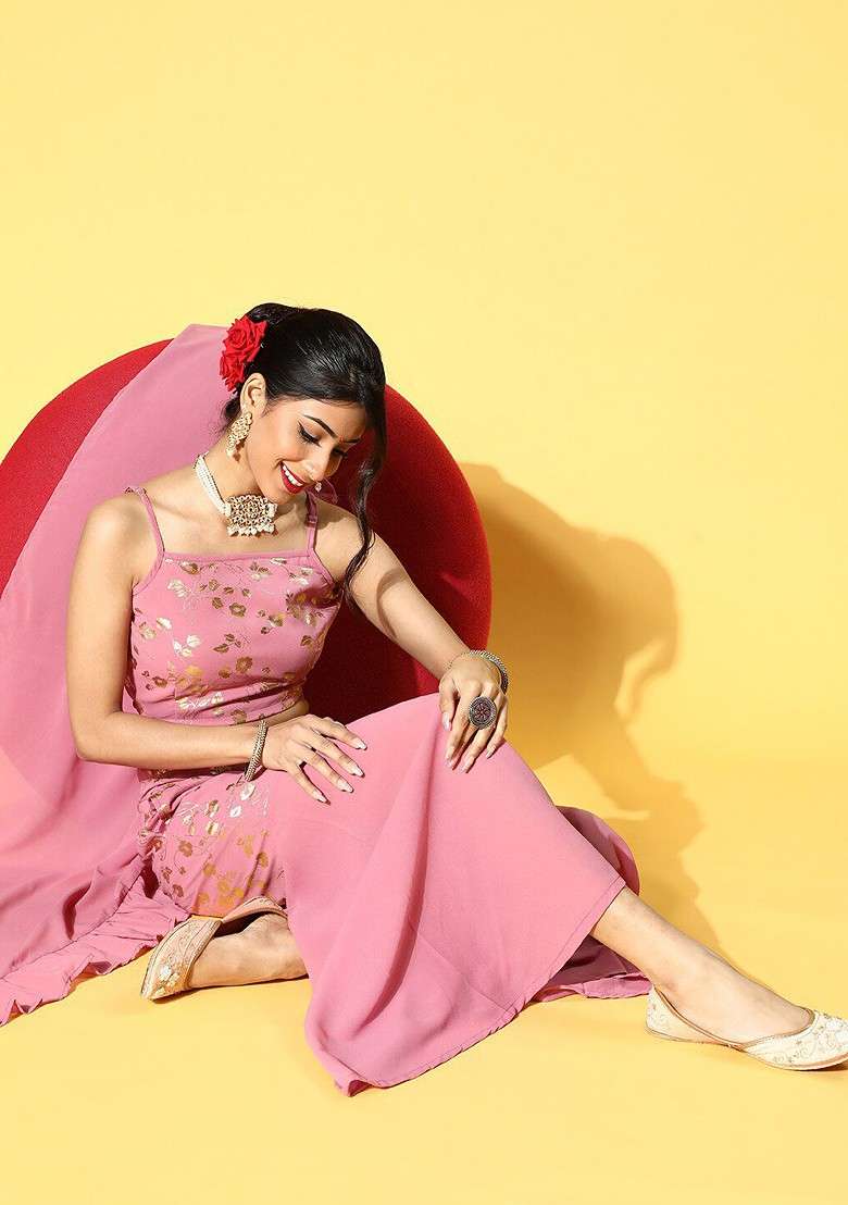 Pink Printed Poly Blend Co Ord Set - Indya