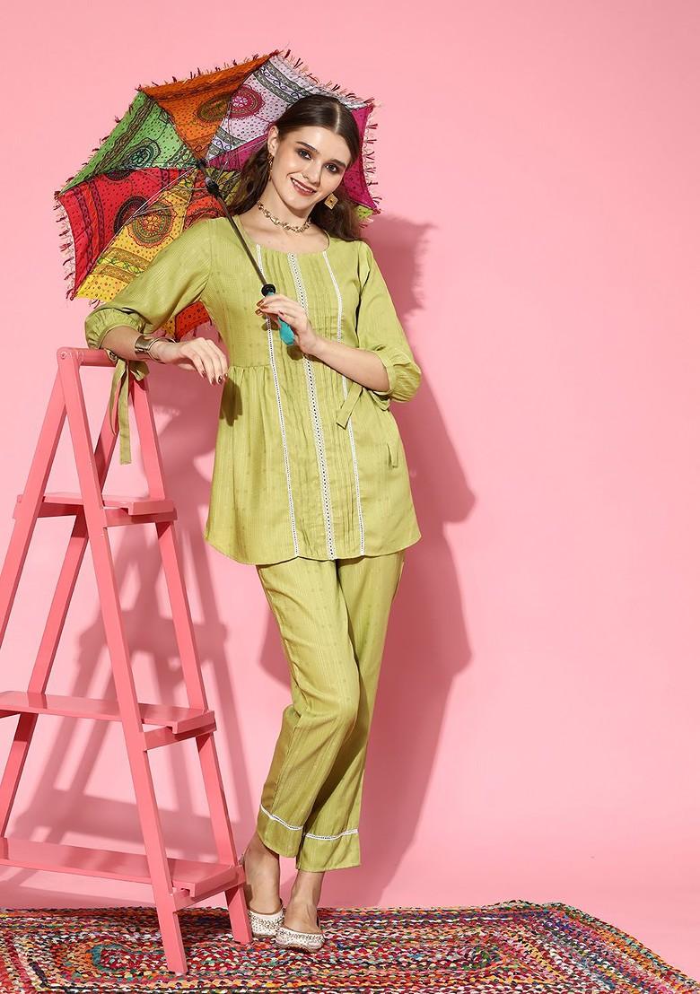 Lime Green Printed Poly Blend Co Ord Set - Indya