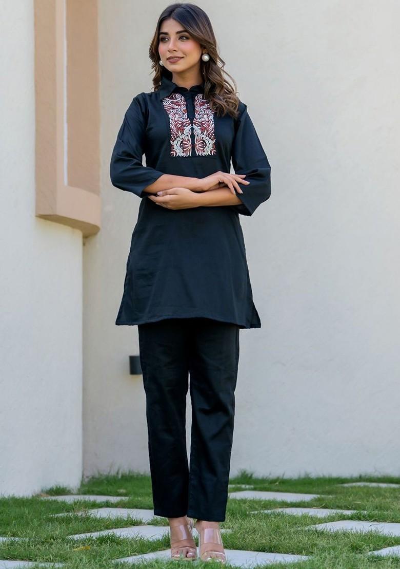 Navy Blue Printed Cotton Co Ord Set - Indya