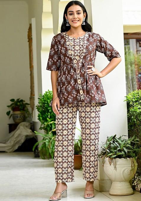 Taupe Printed Cotton Co Ord Set
