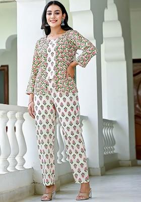 Off White Printed Cotton Co Ord Set