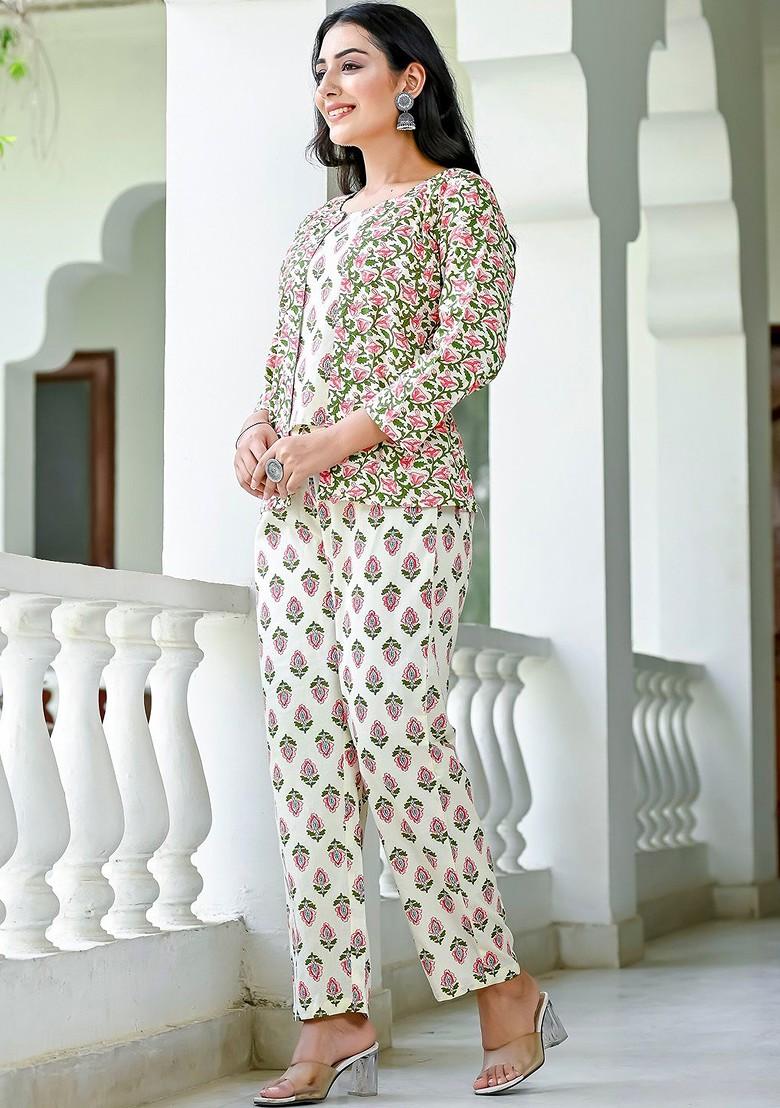 Off White Printed Cotton Co Ord Set - Indya