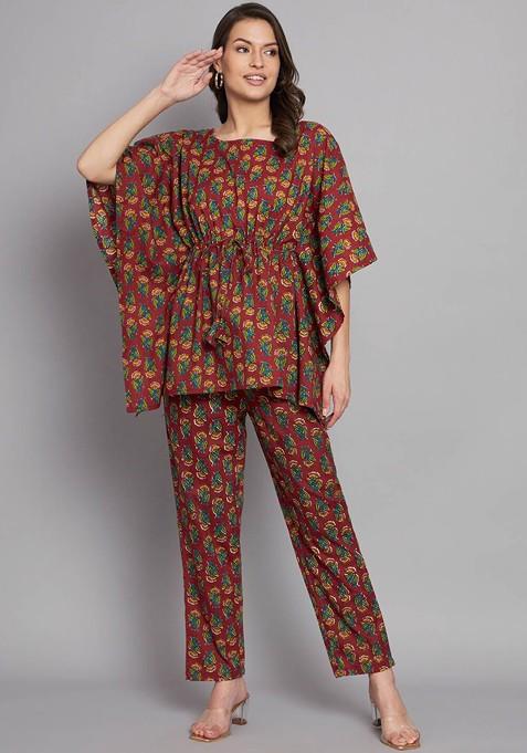 Maroon Printed Cotton Co Ord Set