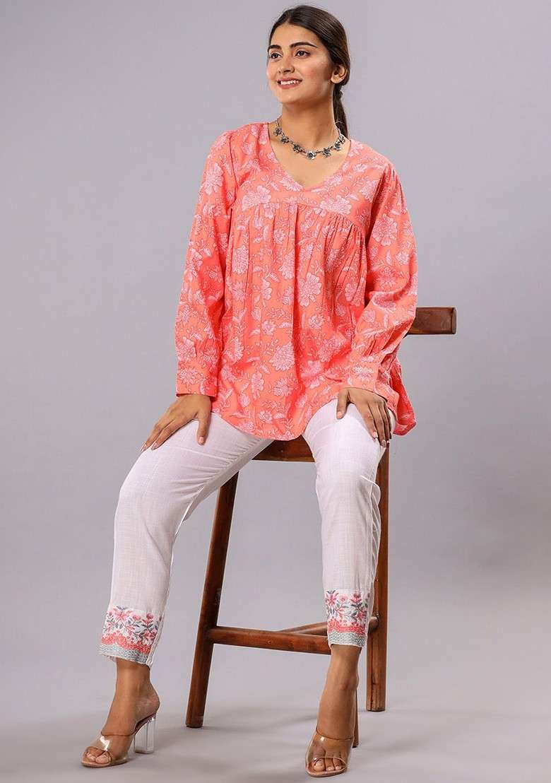 Peach Printed Cotton Co Ord Set - Indya