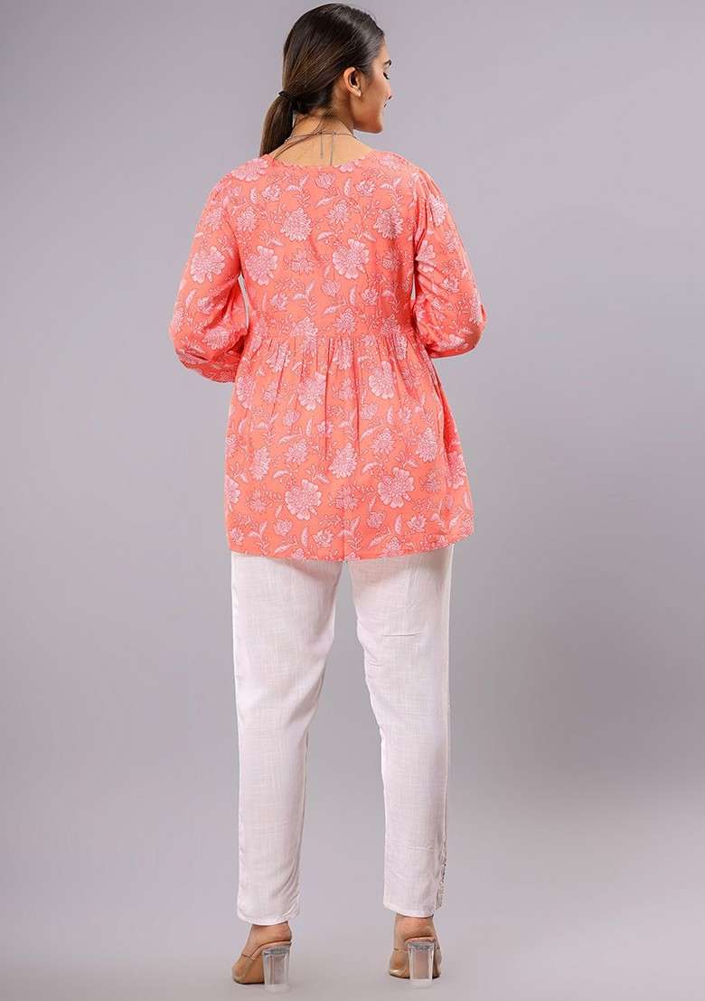 Peach Printed Cotton Co Ord Set - Indya