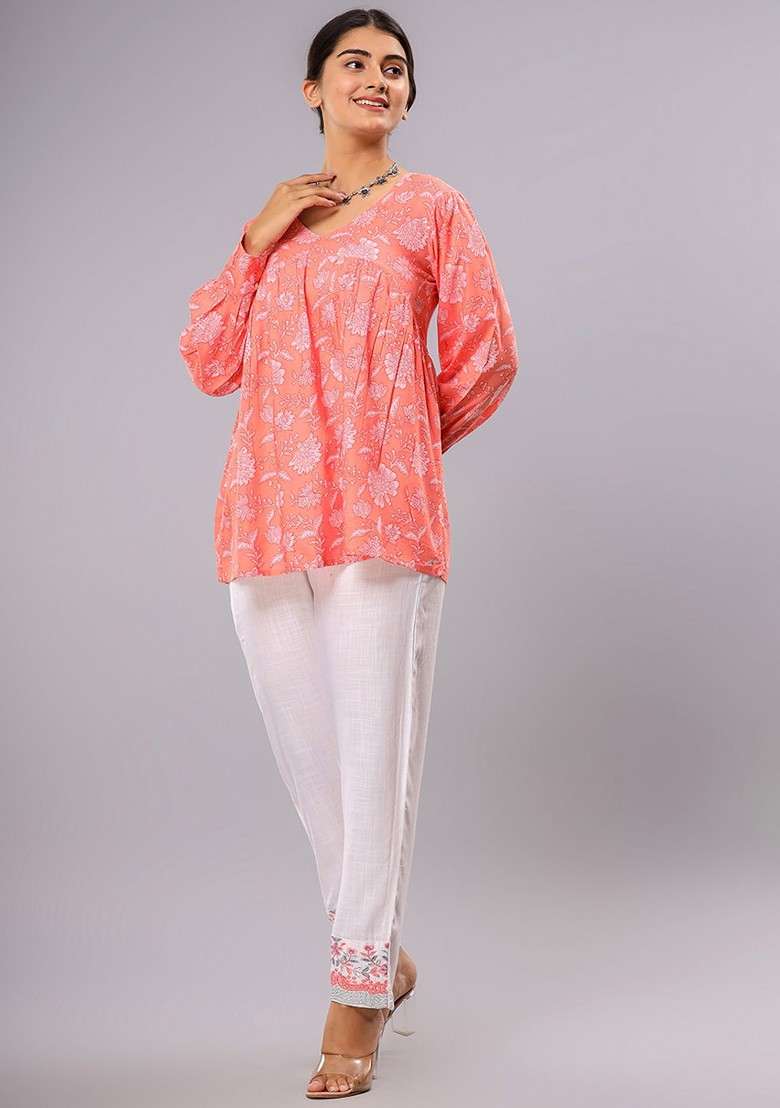 Peach Printed Cotton Co Ord Set - Indya
