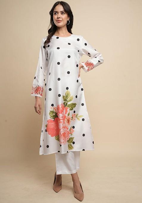 Cream Printed Poly Blend Co Ord Set