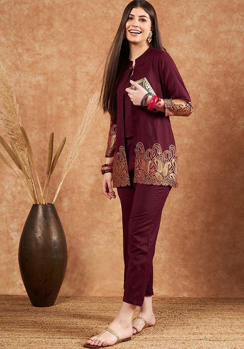 Maroon Printed Poly Blend Co Ord Set