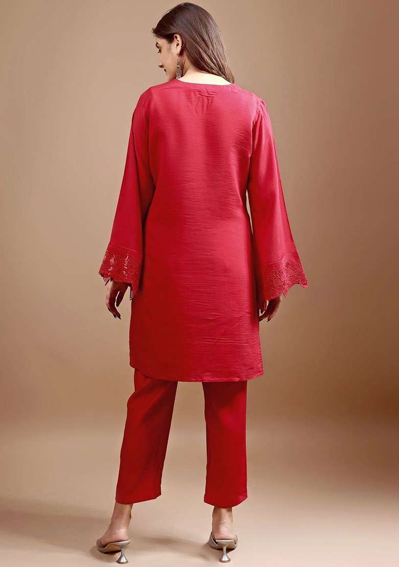 Red Printed Poly Blend Co Ord Set - Indya