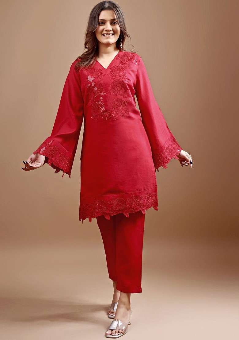 Red Printed Poly Blend Co Ord Set - Indya