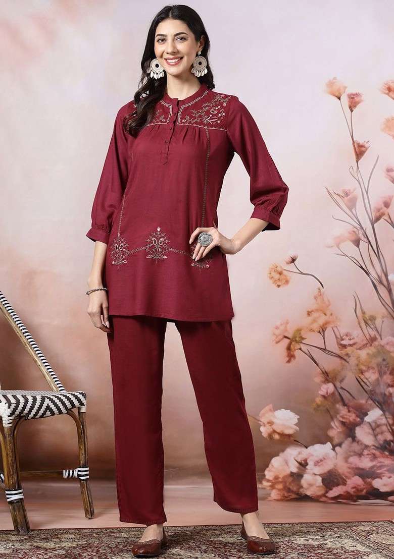 Purple Printed Poly Blend Co Ord Set - Indya