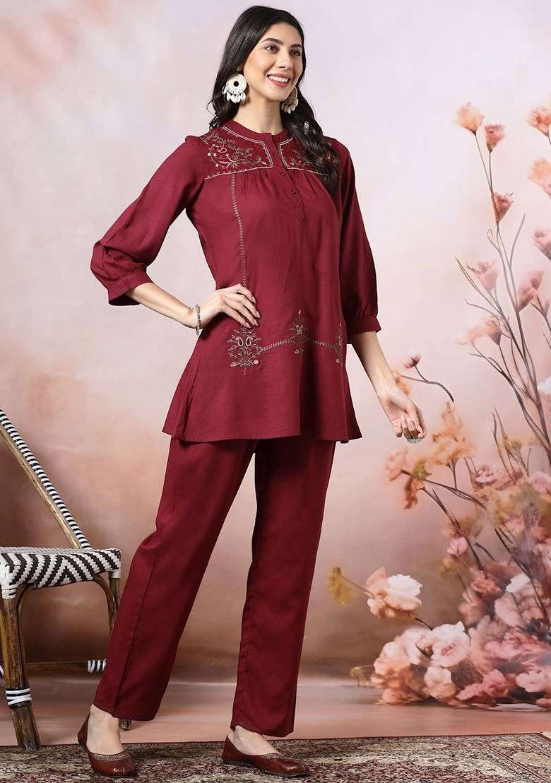 Purple Printed Poly Blend Co Ord Set - Indya