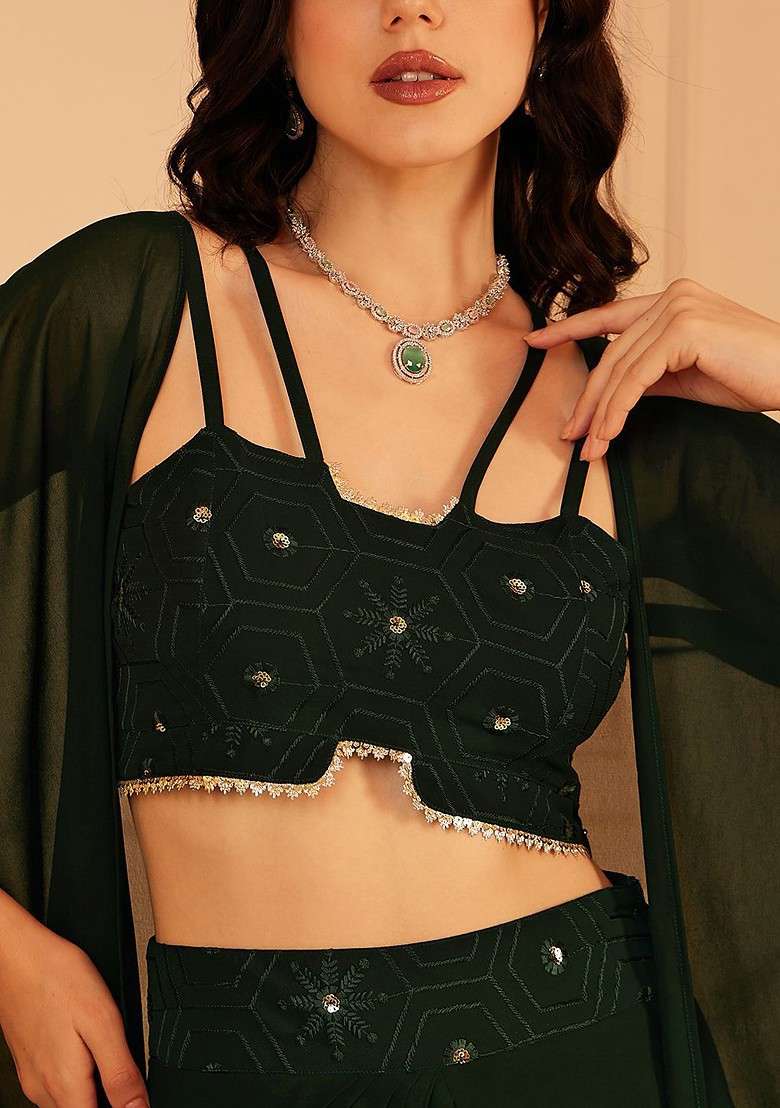 Green Printed Poly Blend Co Ord Set - Indya
